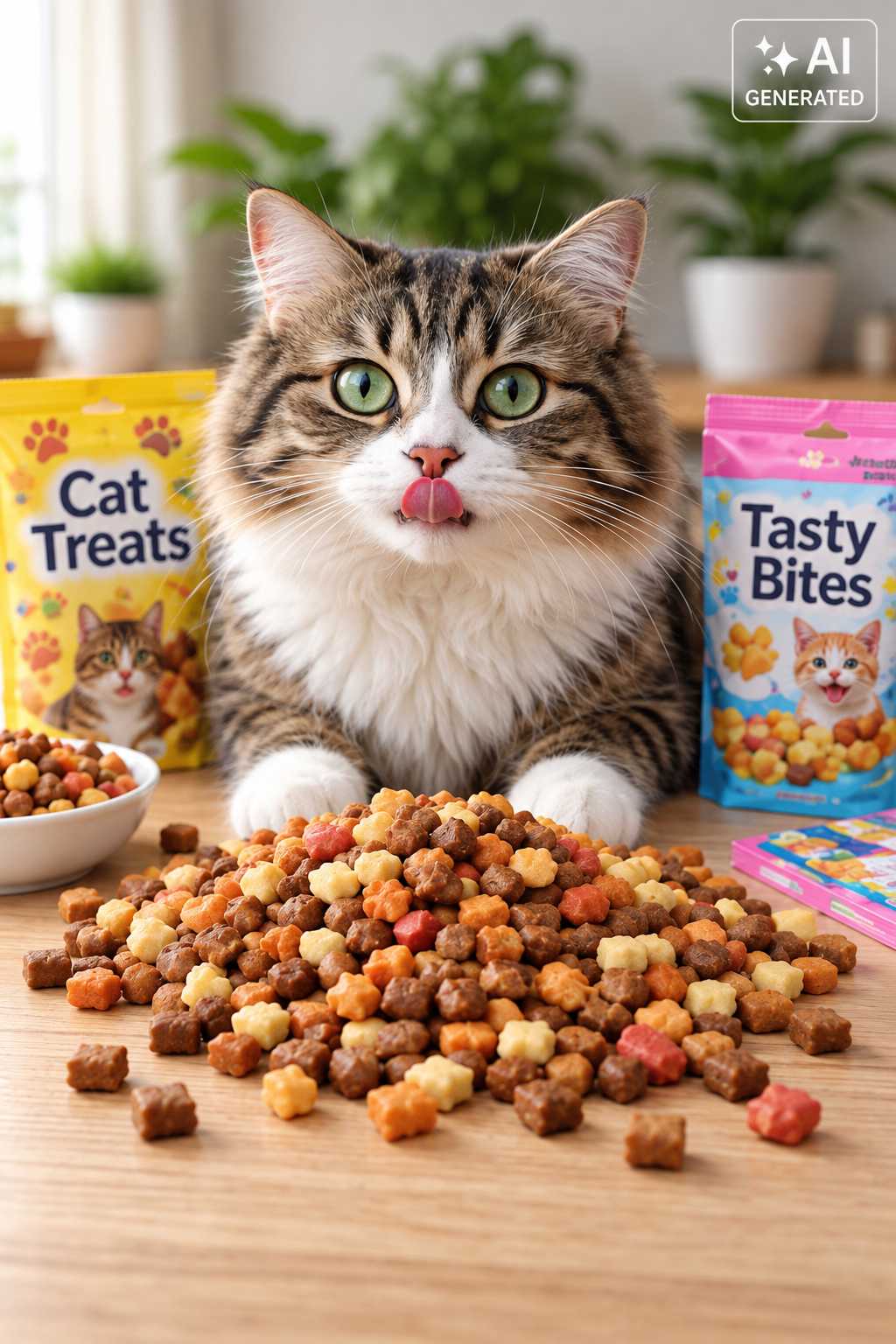 Katze sitzt vor verschiedenen Katzenleckerlis und Trockenfutter